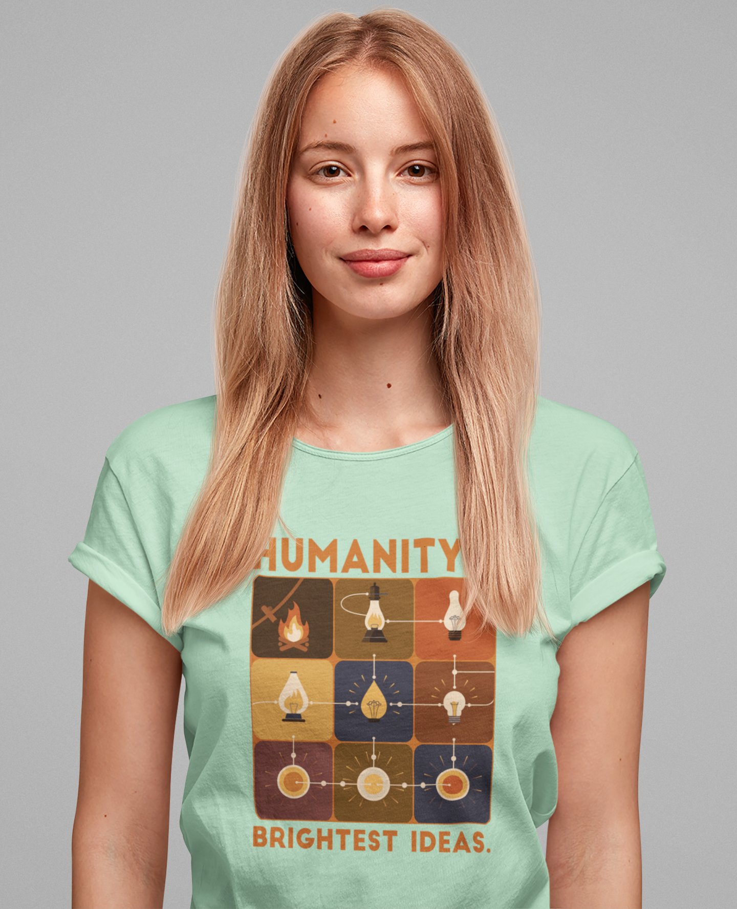 Humanity’s Bright Ideas Tshirt – Evolution from Fire to Fiber Optics Graphic