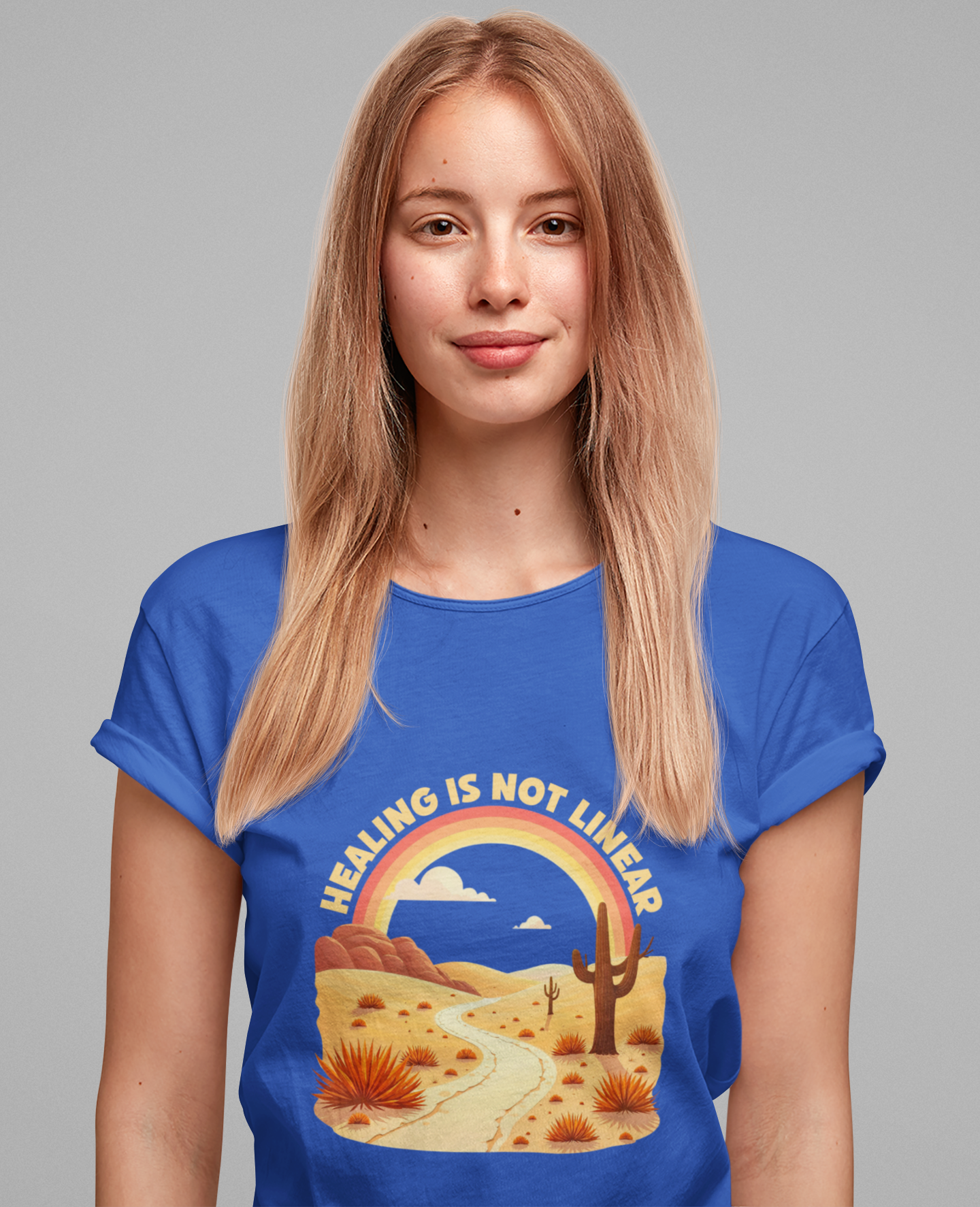 Healing Is Not Linear – Warm Desert Rainbow & Winding Road Graphic T-Shirt