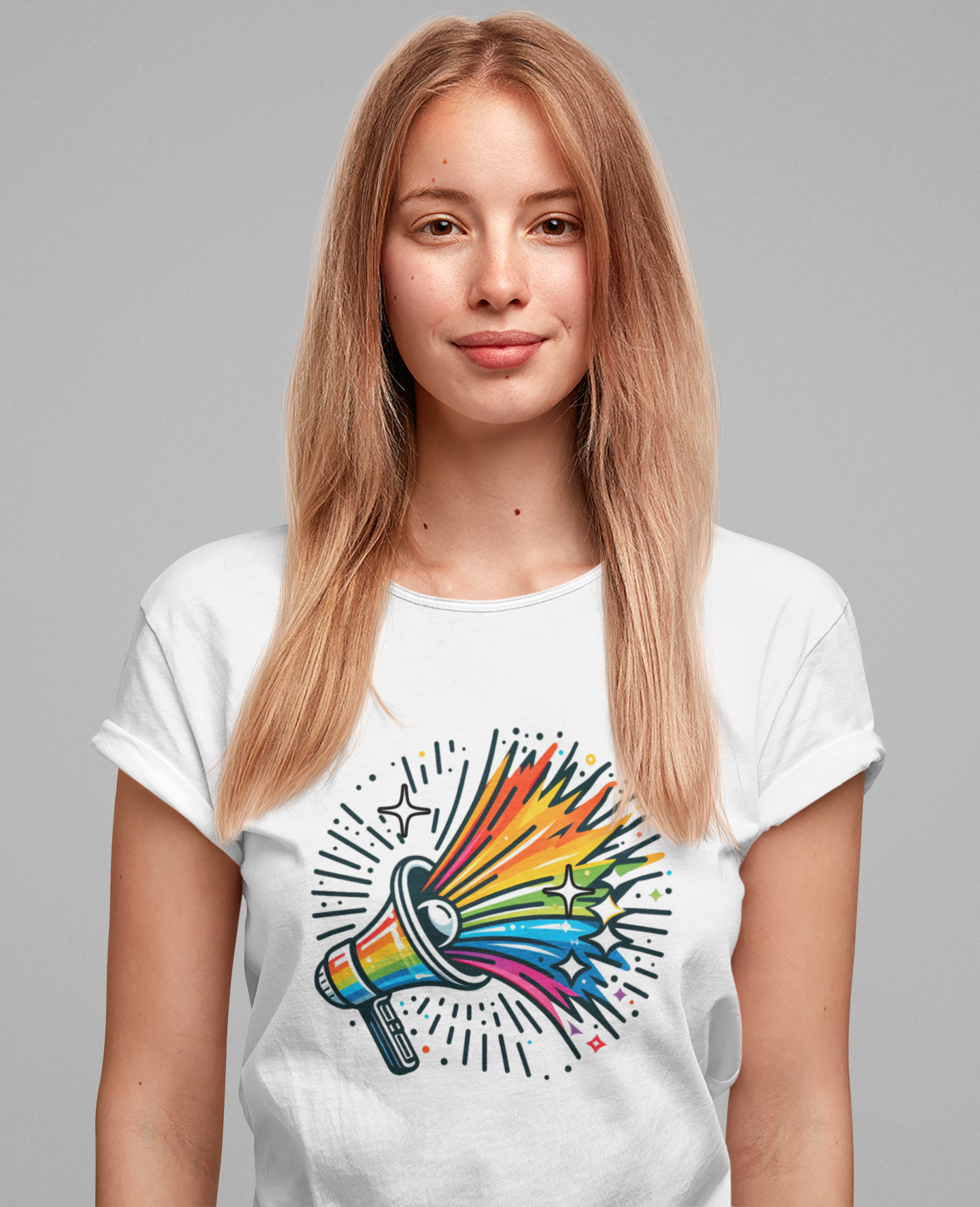 Proud & Loud – Colorful Handheld Speaker with Exploding Stars Graphic T-Shirt