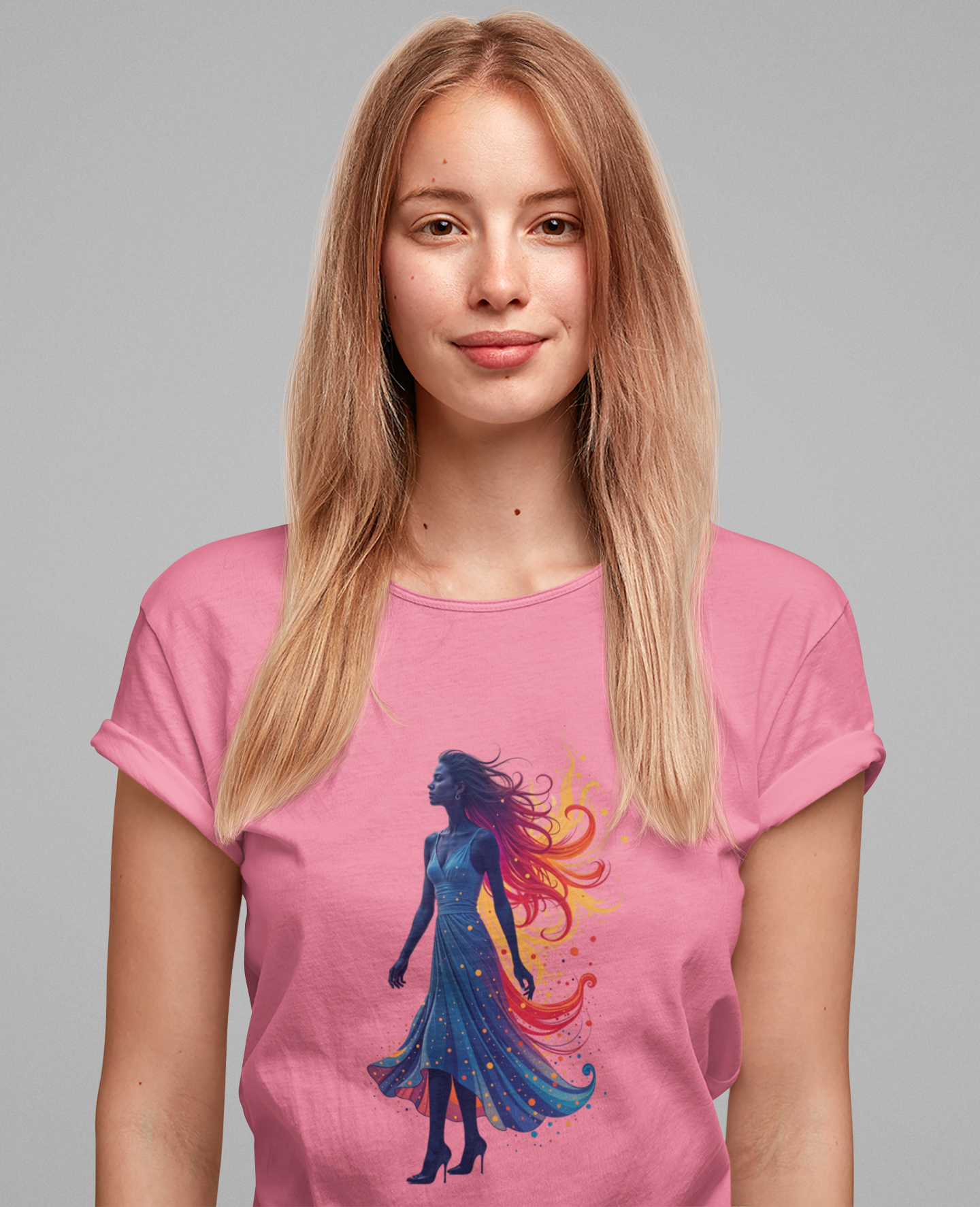 Graceful Woman with Swirling Autumn Aura – Abstract Colorful Swirl Graphic T-Shirt