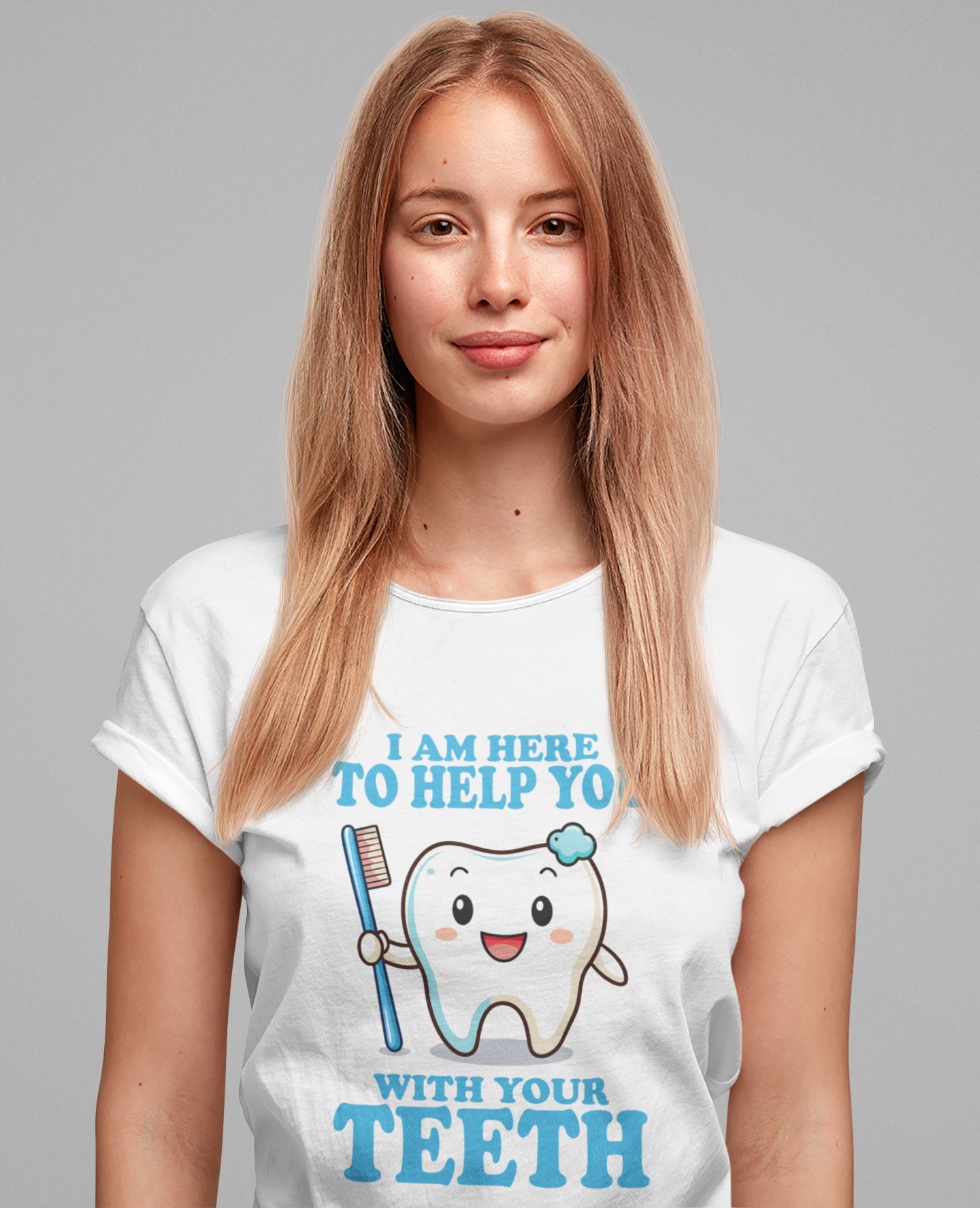 Smiling Tooth T Shirt with Toothbrush, Paste and "I'm Here to Help You With Your Teeth" Text