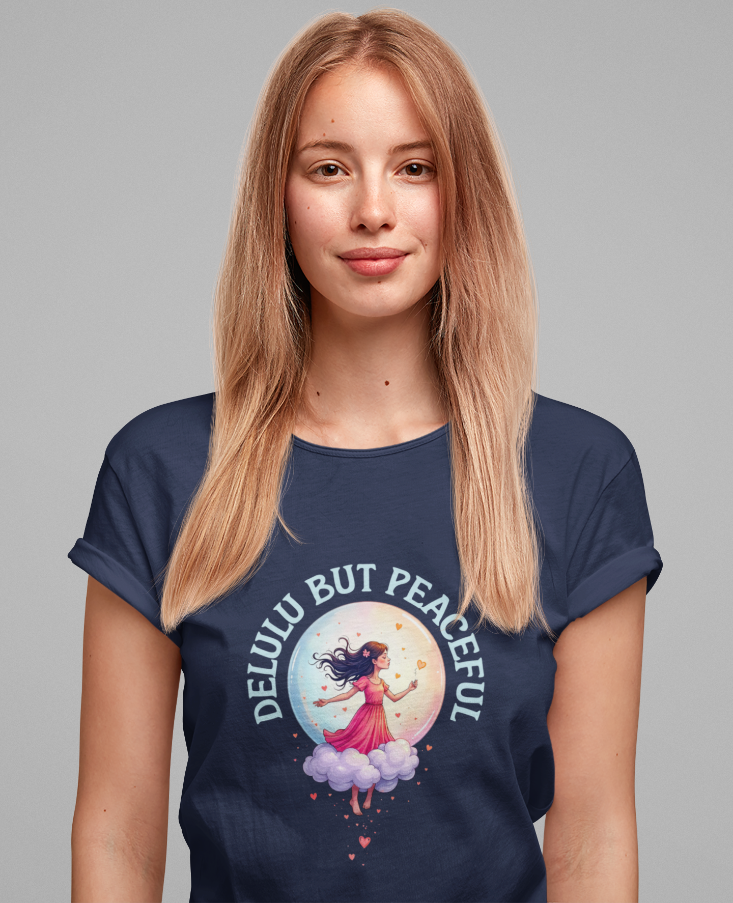 Delulu But Peaceful – Blissfully Unrealistic Floating Girl with Moon & Hearts Graphic T-Shirt