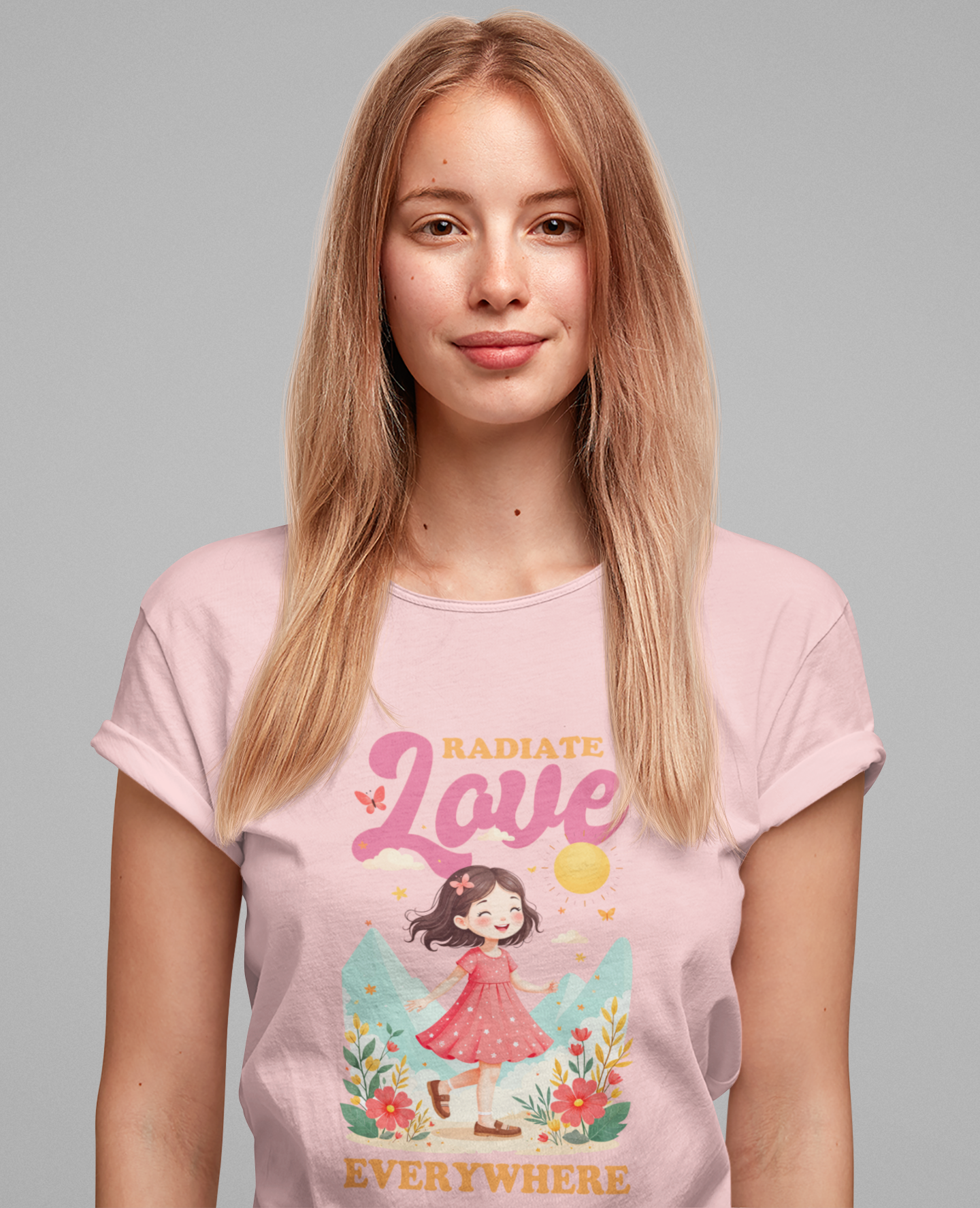 Radiate LOVE Everywhere – Happy Girl Walking in Flower Garden with Butterflies Graphic T-Shirt