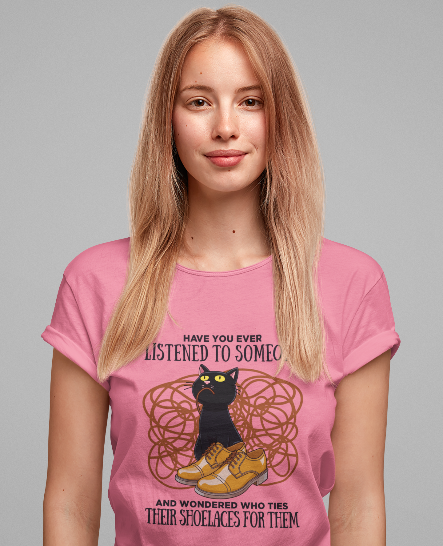 Have You Ever Listened to Someone Tshirt – Black Cat Surrounded by Shoelaces with Shoe Graphic