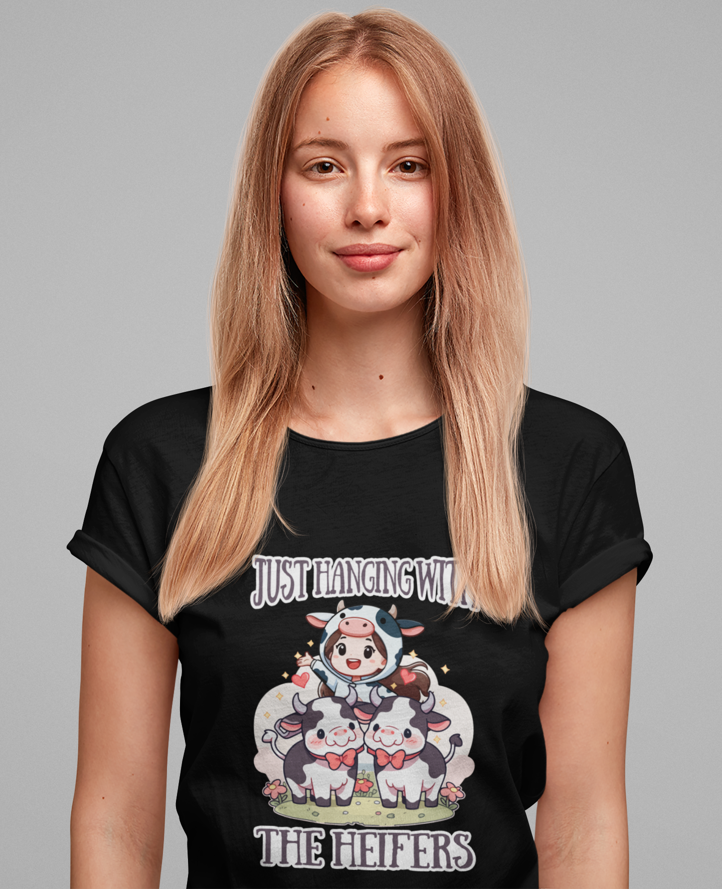 Just Hanging With the Heifers T Shirt – Kid Dressed as Cow with Two Hugging Cows