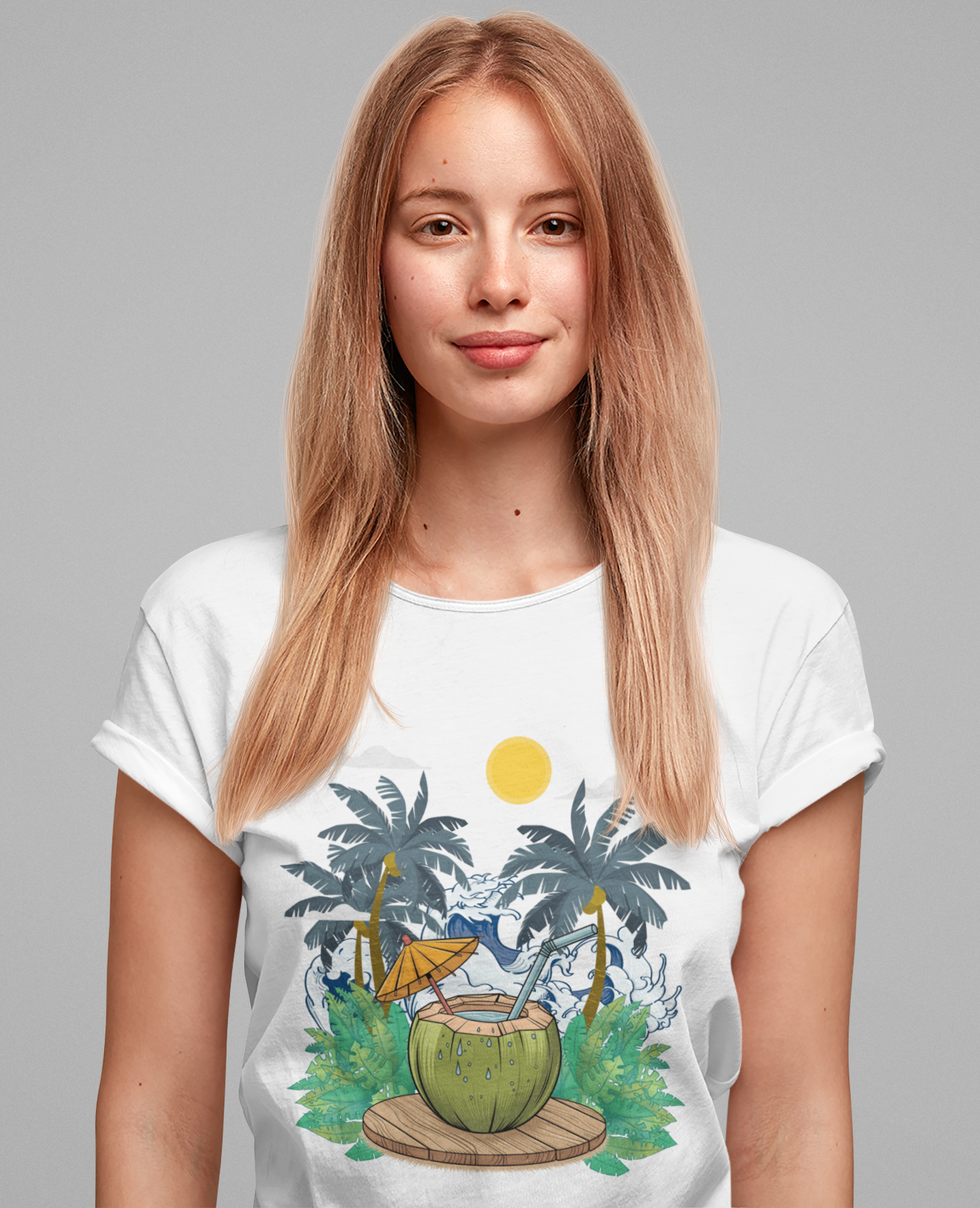 Paradise Found Tropical Refresh – Tender Coconut Drink with Palm Leaves & Ocean Waves Graphic T-Shirt