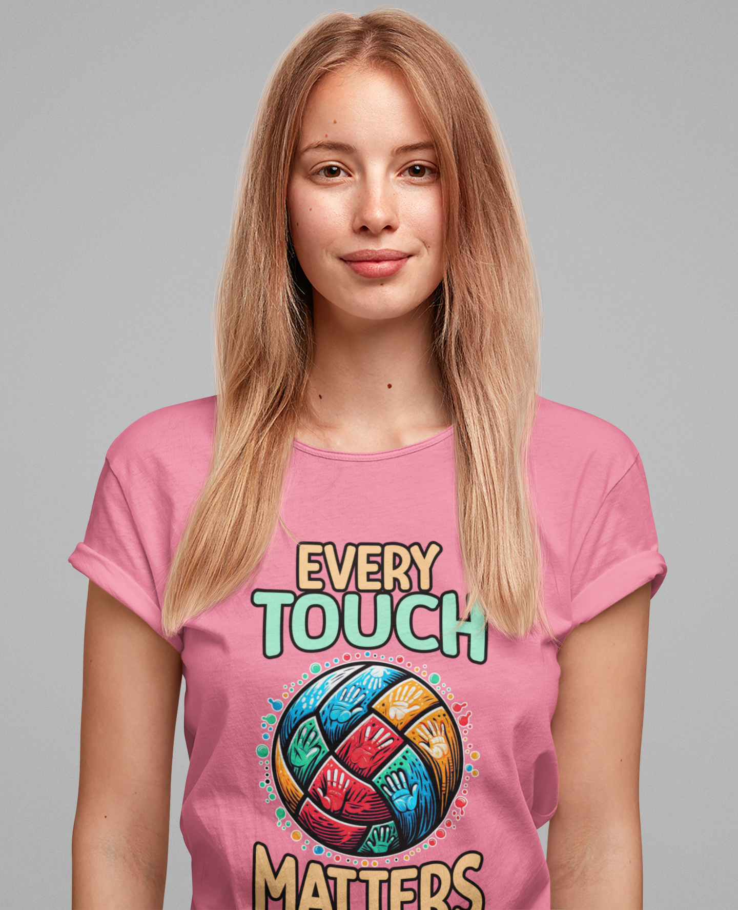 Every Touch Matters – Colorful Volleyball Handprints Graphic T-Shirt