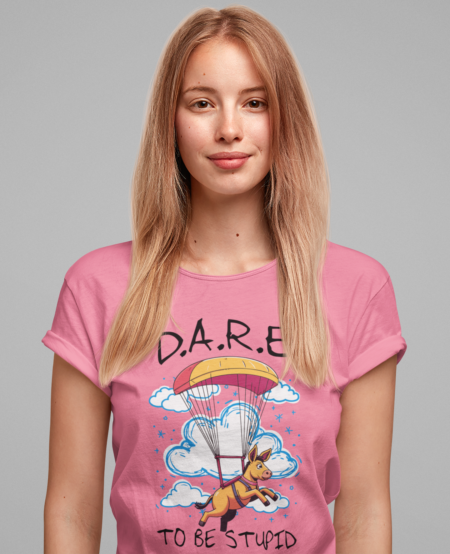 Dare to Be Stupid Tshirt – Stressed Donkey Parachuting with Clouds