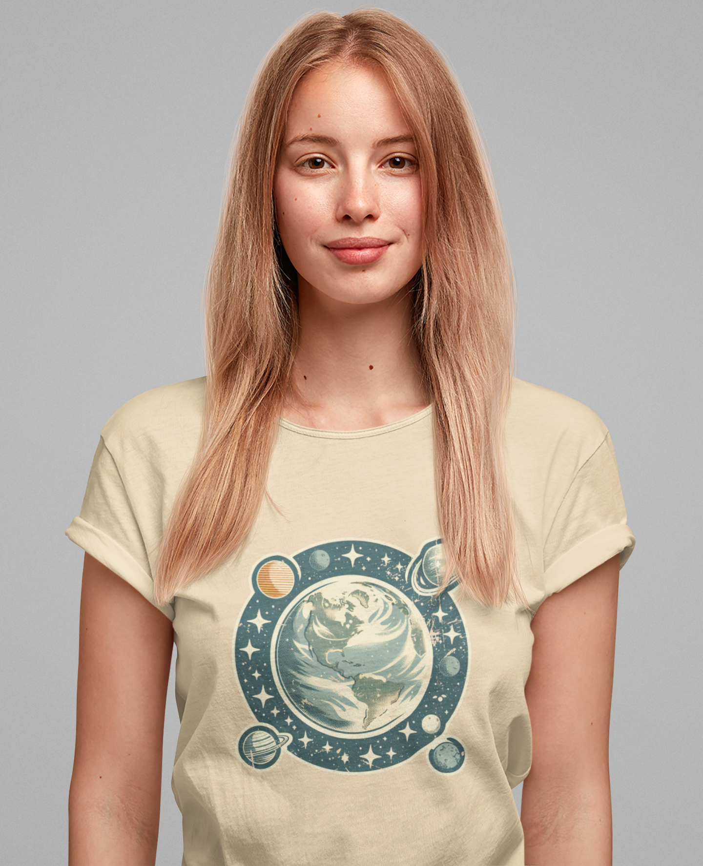 Earth Was Cool Tshirt – Gray Earth with Circular Planets and Stars Design