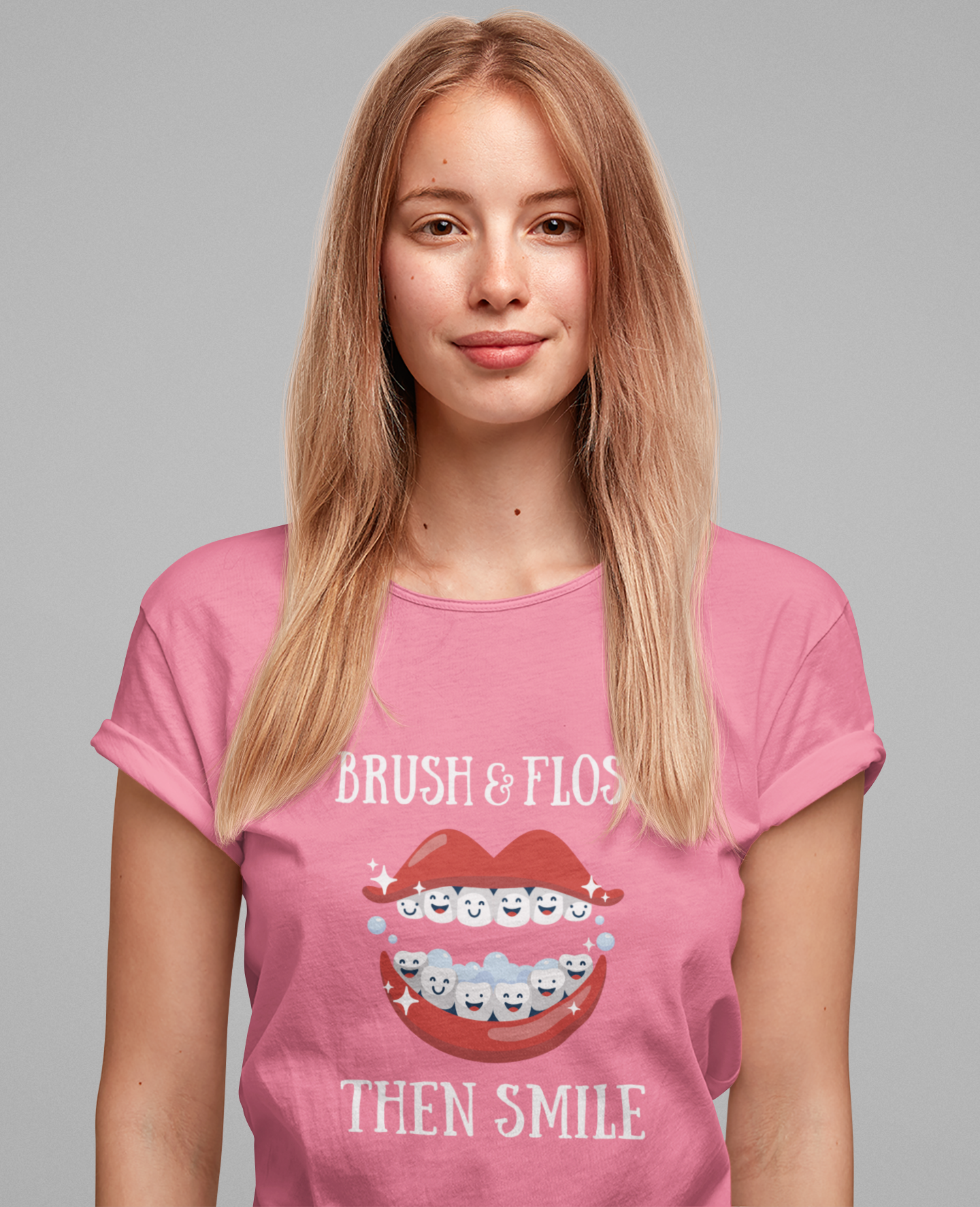 Brush and Floss Then Smile T Shirt Big Laughing Mouth Dental Humor