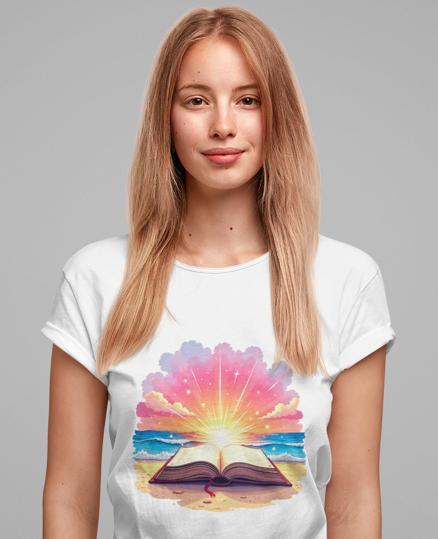 Magical Open Book on Beach with Radiant Flashlight Graphic T-Shirt