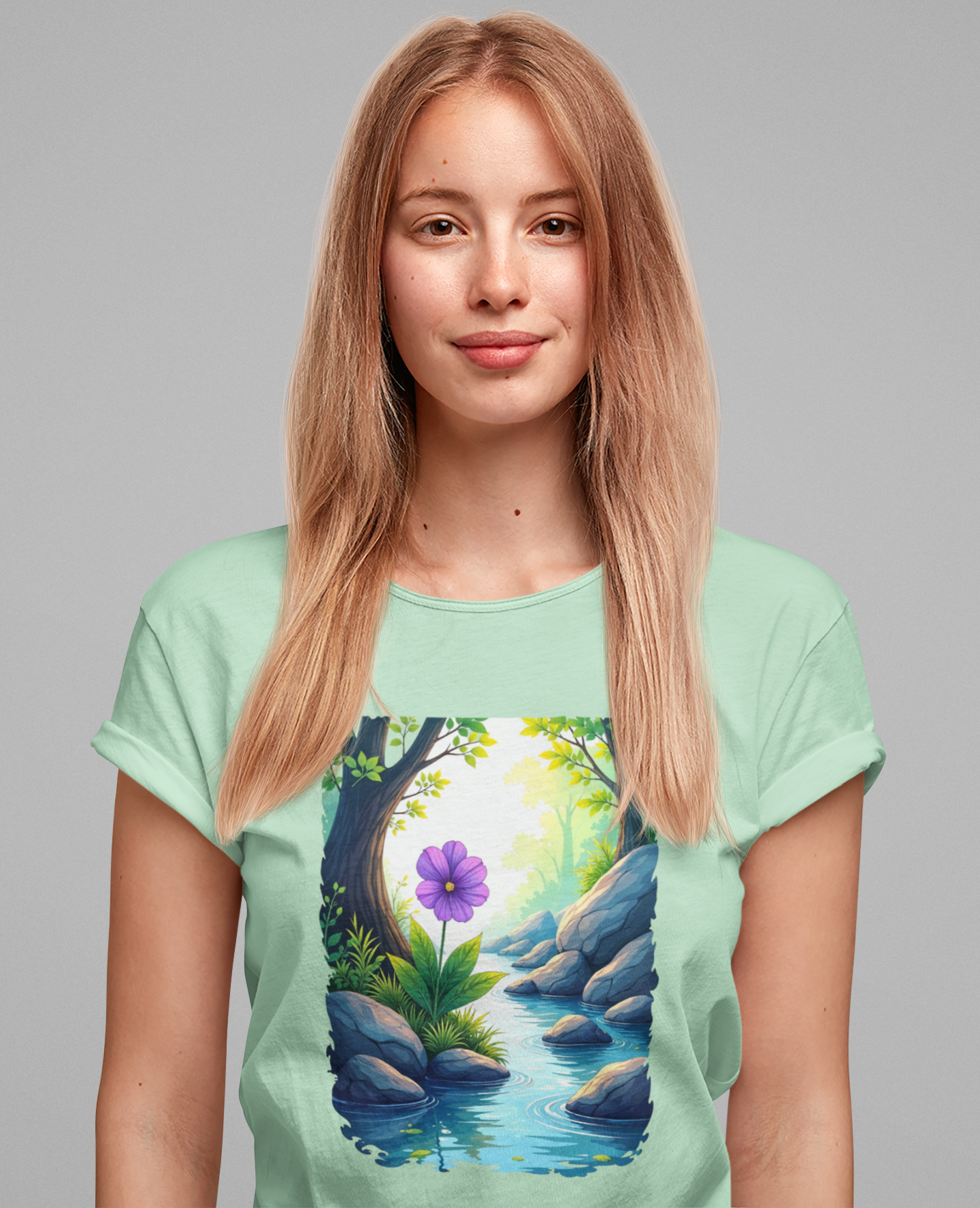 Tranquil Flower Creek T-Shirt – Nature Art Graphic Tee