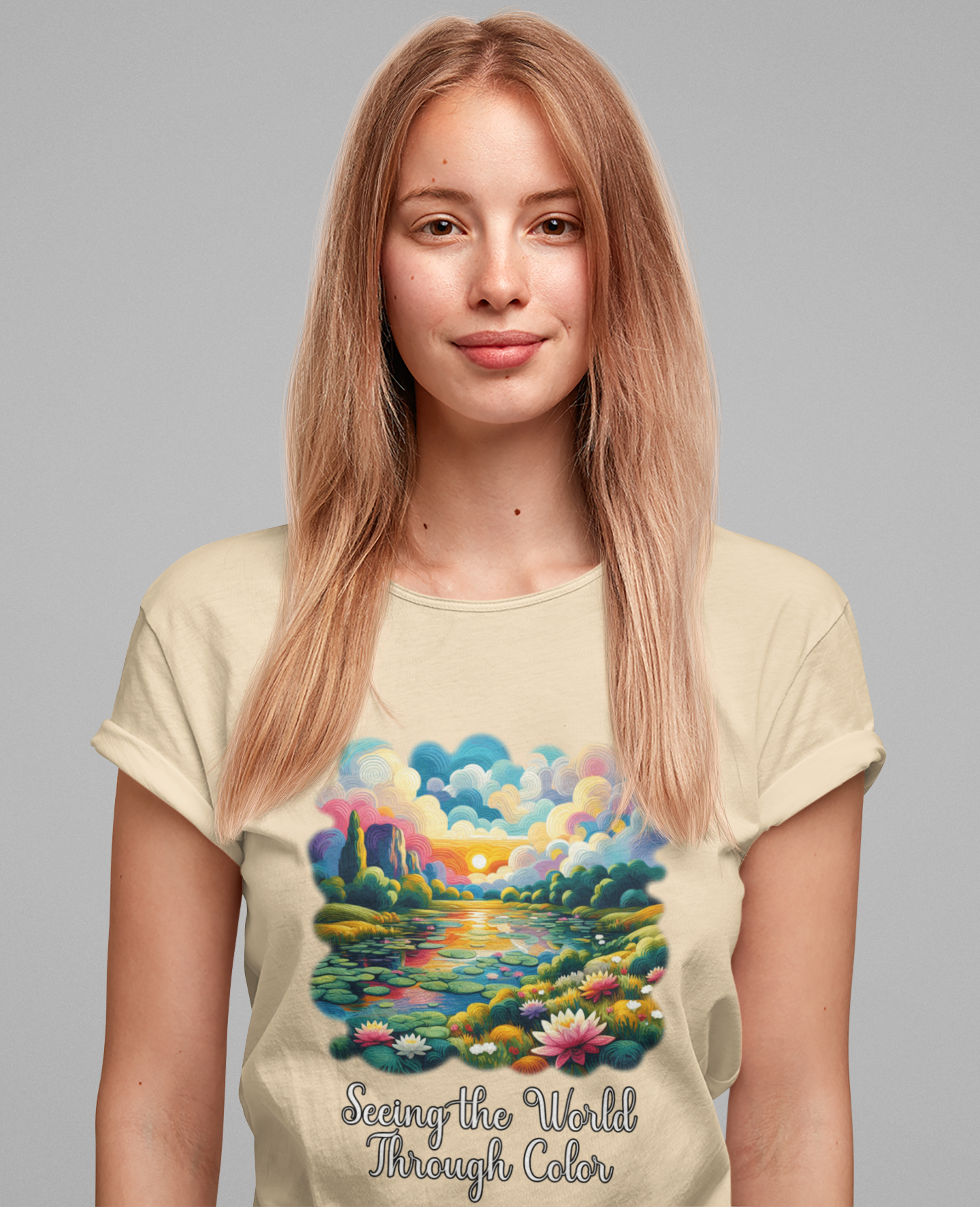 Impressionist Seeing the World Through Color Tshirt – Colorful Lotus Pond with Sunset Graphic
