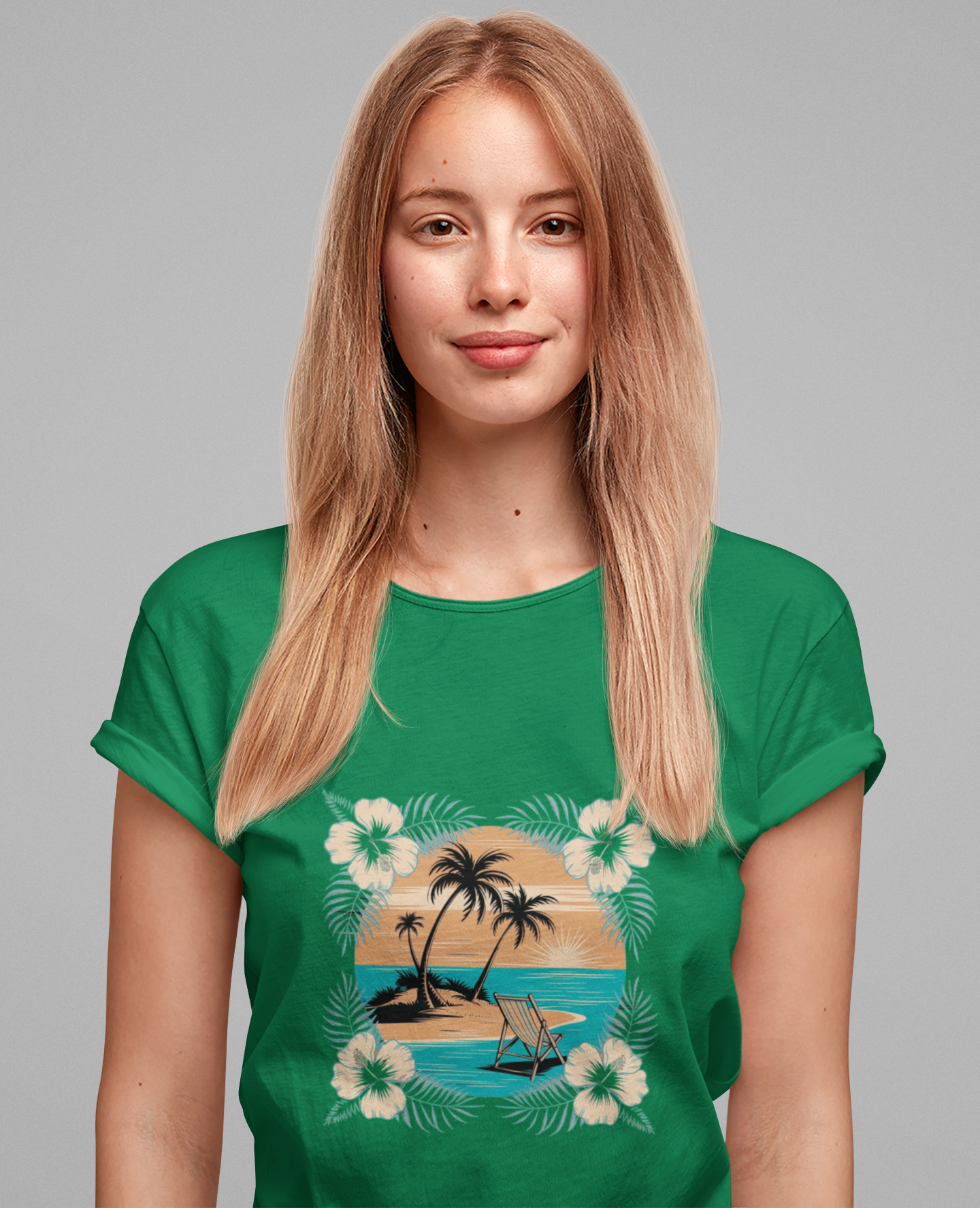 Tropical Escape – Beach Island Sunset with Floral Border Graphic T-Shirt