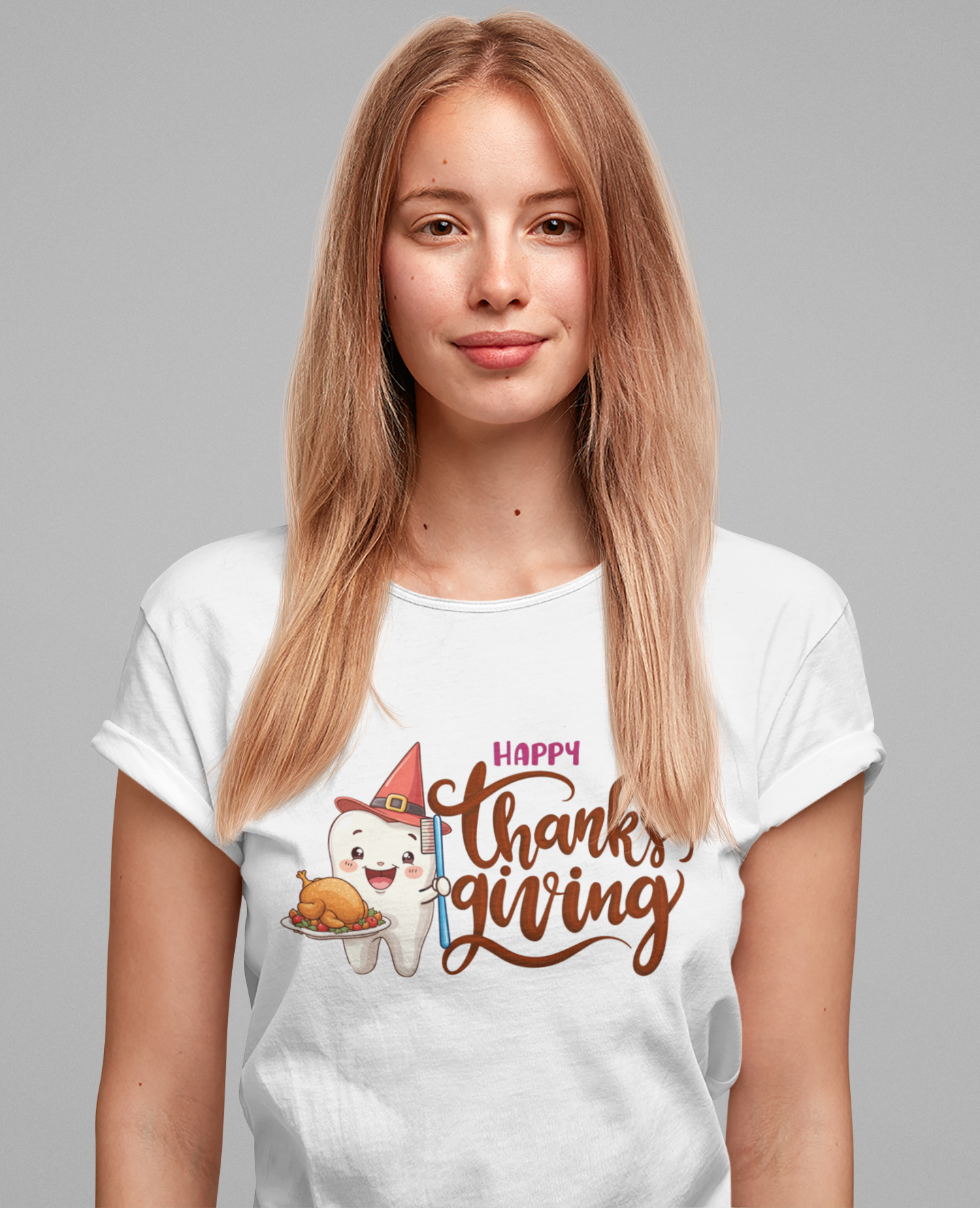 Happy Thanksgiving Dental T Shirt Smiling Tooth with Turkey Plate, Toothbrush, and a Cap