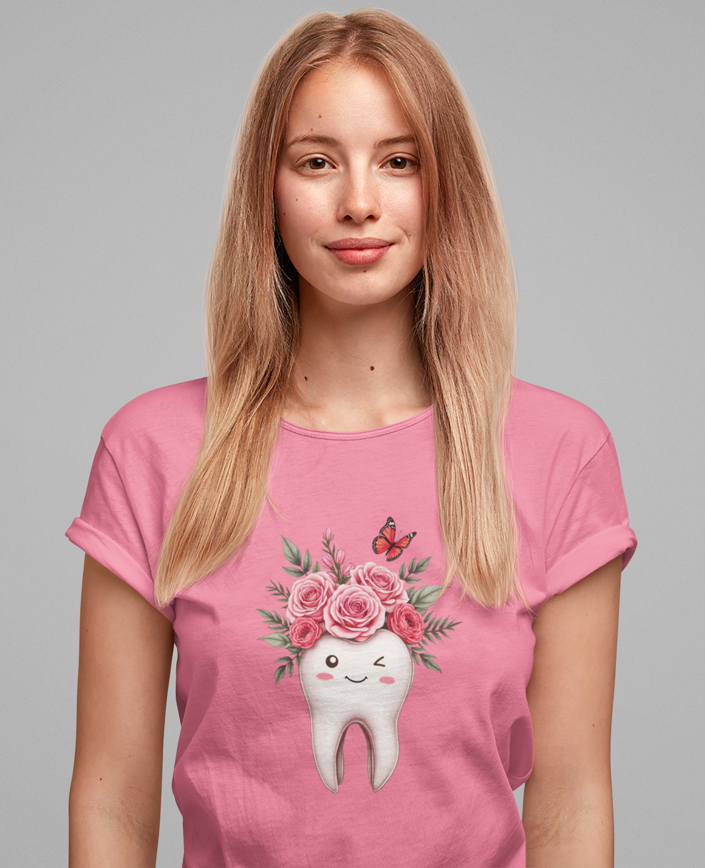 Smile T Shirt with Large Winking Tooth Surrounded by Flowers Leaves and Butterflies