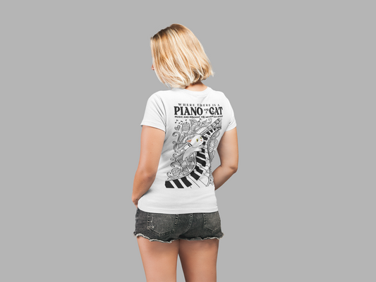 Music and Mischief T-Shirt – Piano and Playful Cat Graphic